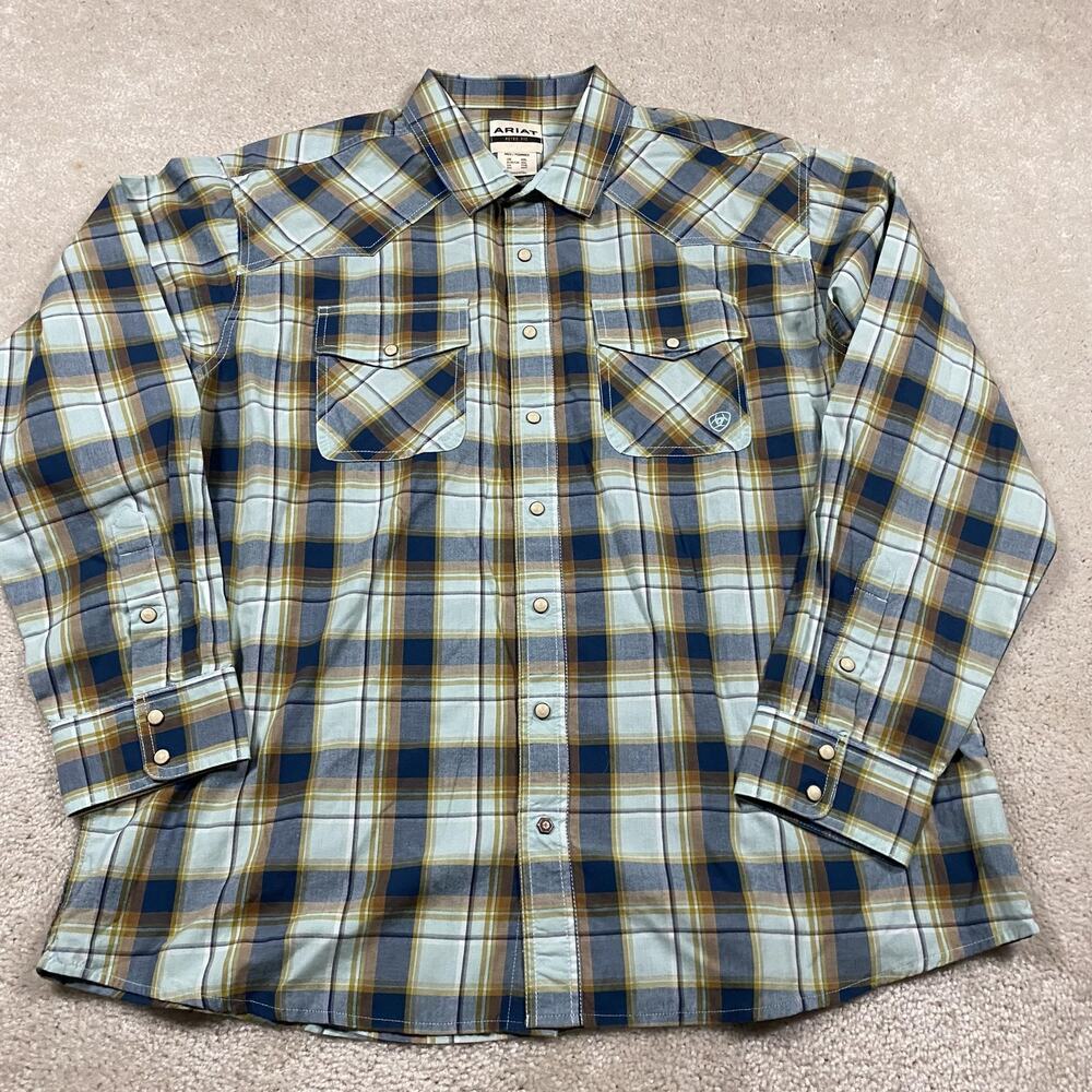 Ariat Shirt Mens 2XL Blue Plaid Habney Retro Snap Long Sleeve Western Cowboy